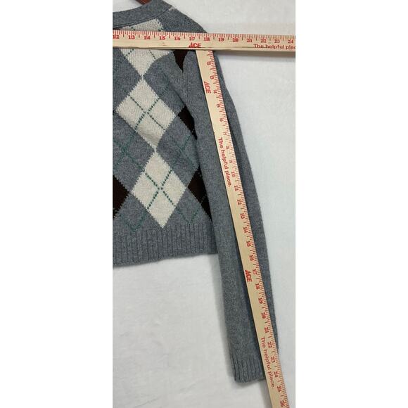 American Eagle M Gray‎ Argyle Cropped Cardigan Academia Eco Cozy Layer Fall Y2K - Picture 9 of 10